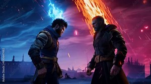 An anime-style battle scene is illustrated in sharp contrast, with pink and blue tones blending with orange energy bursts. Create a Fantasy Battle Stock Video