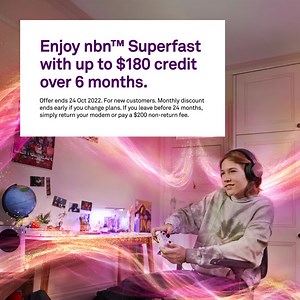 Get Superfast speed that’s 5x faster than the average nbn™ plan. Work, study and play with reliably fast Wi-Fi the whole family can enjoy. Typical busy period download speeds on this plan are 5 times faster than they are on the standard speed plans averaged across providers, as reported by the ACCC in the NBN Wholesale Market Indicators Report on 19 May 2022. ✅ No lock-in contract. ✅ No connection fees. No upfront costs for standard installation. ✅ Telstra Smart Modem 3 included for use with new