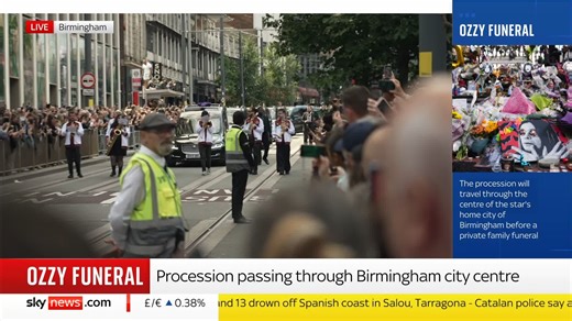 Ozzy Osbourne's funeral procession takes place in Birmingham City Centre. https://trib.al/kdXA2Dr 📺 Sky 501, Virgin 602, Freeview 233 and YouTube | Sky News
