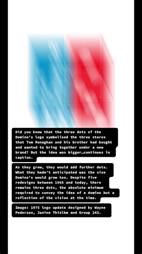 Did you know that the three dots of the Domino’s logo symbolised the three stores that Tom Monaghan and his brother had bought and wanted to bring together under a new brand? But the idea was bigger…continues in caption. As they grew, they would add further dots. What they hadn’t anticipated was the size Domino’s would grow too. Despite five redesigns between 1965 and today, there remains three dots, the absolute minimum required to convey the idea of a domino but a reflection of the vision at t