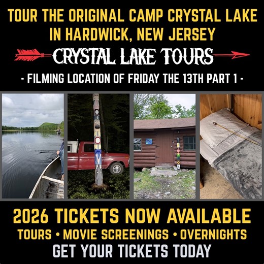 16K views · 7.6K reactions | Our 2026 schedule has been released and tickets for tours, movie screenings and overnights are now available for immediate purchase: https://crystallaketours.com/upcoming/. Call your friends, pick a date, get your tickets and retrace the steps of your favorite movie characters during one of our nostalgic guided tours at the original Camp Crystal Lake. | Crystal Lake Tours | Facebook