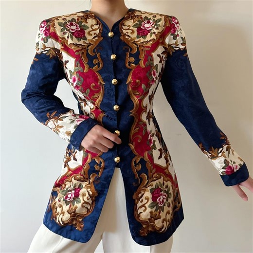 Vintage Silk Blazer Silk Blouse Button Down Silk Shirt Silk Jacket Vintage Style 80s Retro Blue Red Floral Gold Fitted Classic Design Size S - Etsy