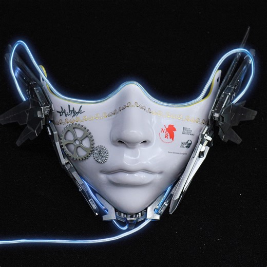 Self-design Glowing Half Face Cyberpunk Mask, Movable Gundam Wings Mask, Luminous DJ Party Rave Mask, Mechanical Mask, Halloween Mask