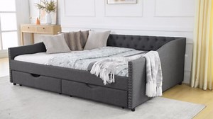 Daybed with Drawers, Modern Linen Upholstered Queen Size Day Bed Button-Tufted Sofa Daybed Frame with Double Drawers, No Box Spring Needed, Furniture for Bedroom Living Room Guest Room (Black, Queen)