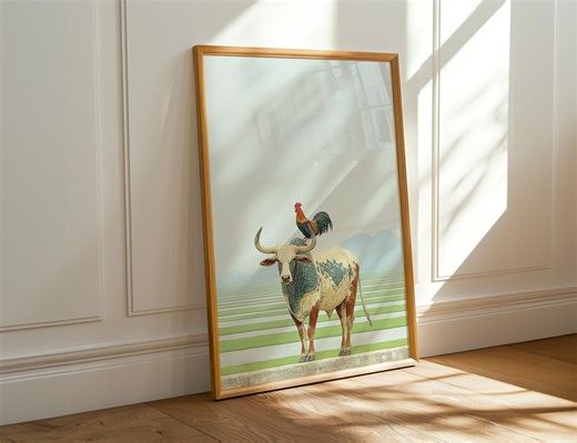 Japanese Cow Poster - Minimalist Illustration - Modern Rustic Wall Decor - Retro Animal Graphic Print - Etsy