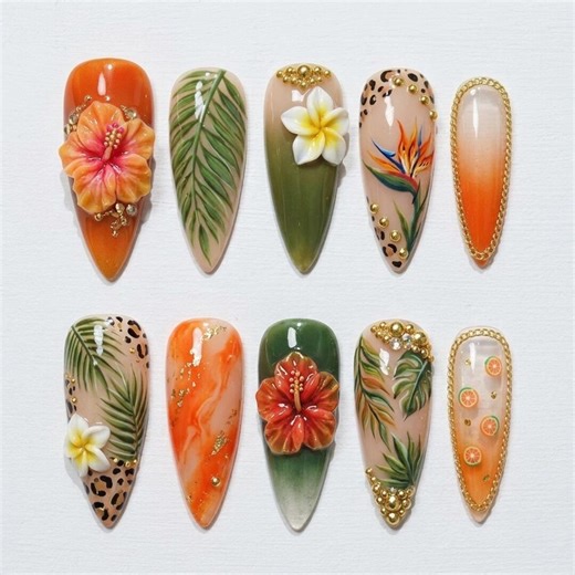 Tropical Hibiscus Press on Nails With 3D Flower and Jungle Leaves – Orange Green Exotic Summer Vacation Nail Art Set - Etsy