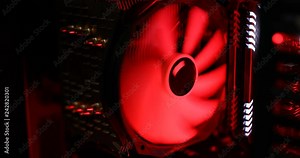 Computer cooling system in red and white color. Cooling and fan the microprocessor in a digital device of personal computer.