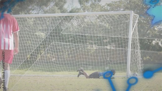 Goalkeeper diving after attacker shot, blocking shot, team reacting, sports overlay highlighting