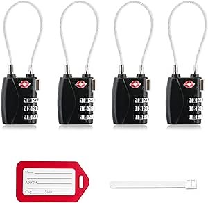 TSA Approved Luggage Locks，4 Packs Code Lock with Flexible Rope,3 Digit Combination with Re-settable Locker Lock for Travel Suitcase Black