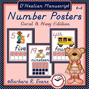 D'NEALIAN MANUSCRIPT NUMBERS POSTERS 0-20 Coral Navy Cardinal Ordinal Numbers