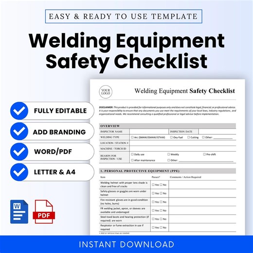 Welding Equipment Safety Checklist Template – Word & PDF, A4   US Letter - Etsy
