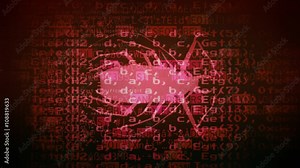The silhouette of an evil bug (an insect) appearing over a stream of messy computer source code. Red tonal range.