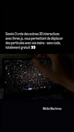 Média, entreprenariat & investissement on Instagram: "Gemini 3 révolutionne la création 3D interactive. En quelques clics dans Google AI Studio, générez un système de particules en temps réel avec Three.js, sans aucune programmation. Le système interprète vos gestes via la caméra pour contrôler l'expansion et la couleur des particules, et même choisir parmi différents modèles : cœurs, fleurs, Saturne, feux d'artifice, etc. Collez simplement le code généré, enregistrez-le sous le nom index.html, 