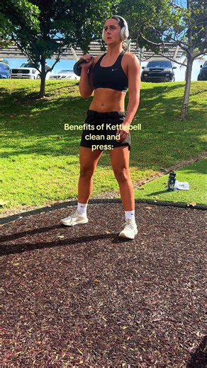 Great exercise to do during ovulation since it’s a peak power window Rising estrogen supports force production, coordination, and recovery making the KB clean & press ideal for explosive, athletic strength #cyclesyncing #kbworkout #gym #wlw #lgbt
