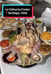 La Calma, Santiago, Chile! 🇨🇱🦪 Creo que si lo pondría en el Top 3 de restaurantes de mariscos de mi vida alv. Está impresionante este lugar, primero todos los mariscos nuevos que conocí me volaron la cabeza, esa charola que trae todo es una gran introucción al mar chileno. Pero lo que realmente me voló la cabeza, fue todo lo caliente, la cabeza de pescado un tremendo espectáculo y el chupe de jaiba y loco se quedan entre mis platillos favoritos del viaje. El servicio se me hizo espectacular,