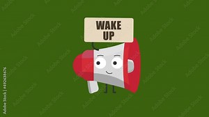 cute megaphone character with wake up sign.4K motion animation.