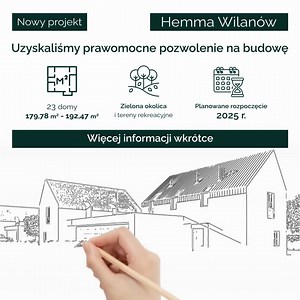 Nowy projekt Flash Development już w drodze! 🏠 HEMMA WILANÓW to kameralne osiedle 23 lokali - 11 budynków dwulokalowych oraz jeden wolnostojący. 🏗️ Przemyślana architektura, zaprojektowana z myślą o tych, którzy cenią sobie prywatność i chcą mieszkać blisko natury, ale nie rezygnować z miejskiego komfortu. 🌳 Spokojna część Wilanowa – duże ogrody w bezpośrednim sąsiedztwie zieleni i rzeki. 👨‍👩‍👧‍👦 Idealne miejsce dla rodzin szukających przestrzeni i jakości. Więcej informacji już wkrótce. 