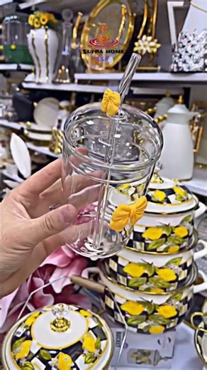Elegant Glass Cup with Yellow Bow – Şık Cam Bardak – كوب زجاجي أنيق #teaaccessories #اكسبلور
