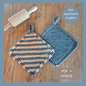 Potholder Knitting Pattern. Two Model Potholder Tutorial. Potholder With Stripes. Easy Step by Step Instructions, English and Spanish. DIY. - Etsy