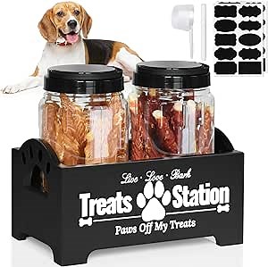 Dog Treat Container Dog Food Container for Dog Food Storage, Farmhouse Cat Food Container Pet Food Storage Organizer, Wood Dog Treat Holder with 2 Plastic Cat Dog Treat Jars, Black Cat Treat Container