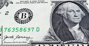 3d animated footage of one US dollar with sequential number. Numbers counting forward. George Washington on the front of the banknote. Moving sequence number. 1 dollar US. One USD