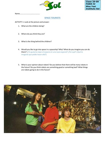 Space tourists worksheet