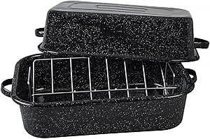 Granite Ware 21 in Oven Rectangular Roaster with lid and V Rack (Speckled Black) - Accommodates up to 25 lb poultry or roast.