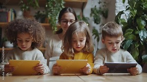 Kids using tablets with teacher, educational technology in modern classroom