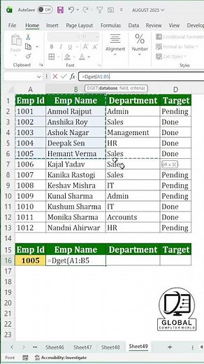 💼 Auto Fetch Data Like a PRO in Excel | DGET Function Mastery #excel #exceltips #excelshorts