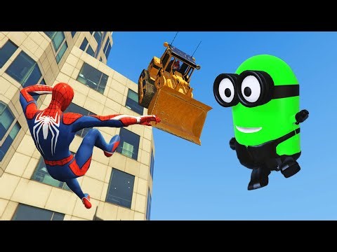 GTA 5 Spiderman & Rainbow Minions Team Jumping Off Highest Buildings (Ragdolls, Funny Moments)
