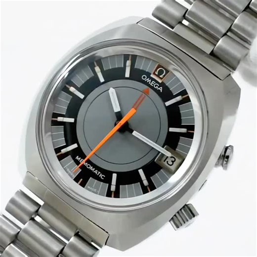 Classyman Watches on Instagram: "OMEGA Seamaster Memomatic Ref.166.072 manufactured in 1969. ​An Omega "Memomatic" manufactured in 1969 has just arrived. This is a rare model featuring the only alarm function ever produced by Omega. It is powered by the "Cal.980," which is based on the Lemania 2980—a masterpiece among mechanical alarm watch movements. ​This particular piece features a striking gray dial accented with orange highlights and is fitted with a precious, genuine Omega 3-link stainless