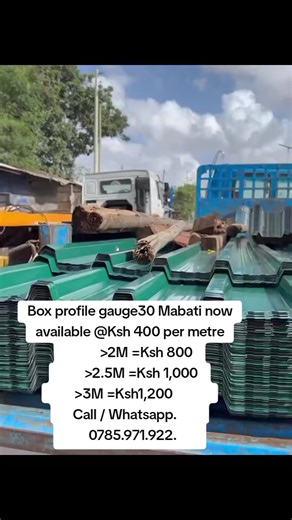 Get Factory Mabati at our nearest stores 🏬 ☎️0785971922 Box Profile @400/- per meter 3m at 1200 2.5m at 1000 2m at 800 Normal Corrugated @350/- per meter 3m @1050 2.5m @875 2m @700 Normal Dumuzaz @300/- per meter 3m at 900/- 2.5m at 750/- 2m at 600/- mabati factory your trusted company for roofing solutions . #foryou #fypシ゚viral #goviral