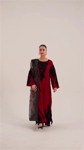Ruby Noir — A timeless expression of bold elegance. Crafted in premium Korean raw silk in a rich ruby hue, adorned with intricate black embellishments and paired with a delicately embellished organza floral dupatta for a refined #rubinairfan #pakistanidesignerwear #floraldupatta #shawl #luxuryformalwear