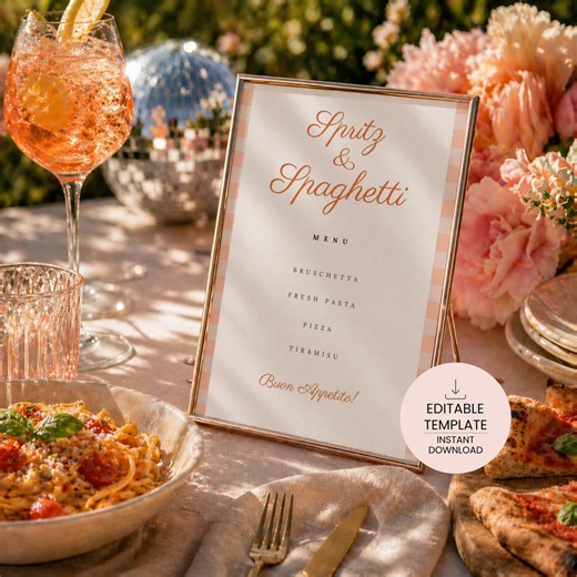 Italian Hen Party Menu Template, Spritz and Spaghetti Food Menu Sign, Editable Dinner Menu, Bridal Shower Menu, Party Decor D004 - Etsy