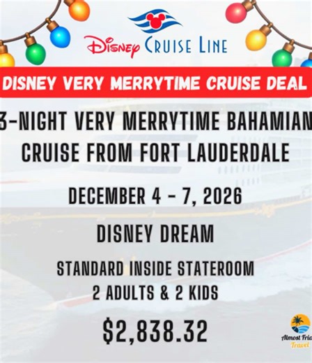 Get your 2026 holidays started the Disney way! ✨ Celebrate the season at sea with this Very Merry Disney Cruise Deal 🎅🎄 Set sail aboard the Disney Dream out of Fort Lauderdale with Mickey, Minnie, and friends on a magical holiday sailing. ✨ Ports include: 🏝️ Disney Lookout Cay at Lighthouse Point 🌴 Nassau, Bahamas 🎁 Special Offer: Discounted rate on a Standard Inside Stateroom for a family of 4 (2 adults 2 kids). These holiday sailings go fast! 📩 Message us today for current availability—o