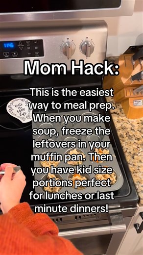 This is a a brilliant little hack for homemade soups that saves time, money, and food waste. Here’s exactly how to do it: 1. Cool the soup first. Let it cool to room temp so you don’t raise your freezer’s temperature or cause ice crystals. 2. Scoop into muffin tins. Use a ladle to fill each cup about ¾ full. You can use either metal or silicone muffin tins (I’ve found silicone is easier to pop the soup out later) 3. First freeze! Place the filled tin flat in your freezer, uncovered for 4–6 hours