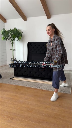 Satisfying bed assembly 🛠️🖤 Watch how we turned a box of parts into a dreamy LED tufted bed! ➡️🛏️ The velvet finish hidden light strips make this frame a total statement piece. Save this for your next room refresh! Tag your DIY partner-in-crime! 👇😂#Tiktokshopstockup #furniture #bed #black #led