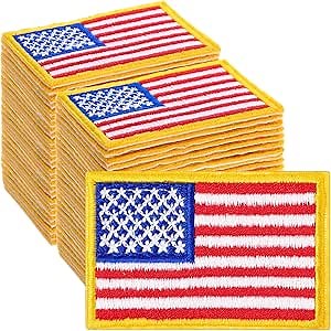 WILLBOND 36 Pieces USA Flag Patch American Flag Patch United States of America Flag Iron on Patch for Caps Bags Vests Military Uniforms,1.6 x 2.4 Inch(Gold Rim)
