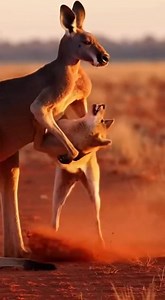In the red dust of the Australian outback at sunset, a massive Red Kangaroo stands tall, locking a Dingo in a suffocating headlock. The wild dog thrashes and kicks, trying desperately to break free from the marsupial's powerful grip. The kangaroo maintains its composure, looking like a professional wrestler as it controls the predator with ease. In a final display of dominance, the kangaroo lifts the dingo and slams it toward the ground, proving why it's the boss of the bush. AI-generated conten