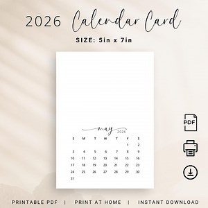 2026 Monthly Calendar 5x7 in 2026 Calendar Card PRINTABLE Pdf Elegant Small Calendar PDF 5x7 Inch DIY Calendar 2026 Crafter Planner Portrait - Etsy