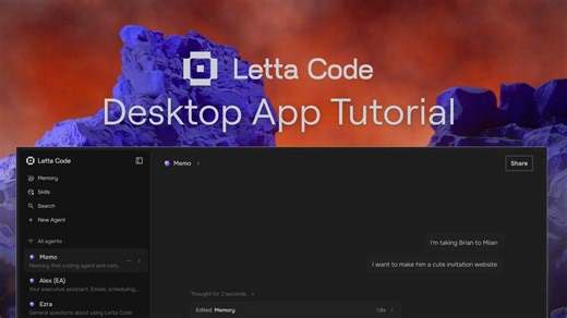 Letta Code deep dive: work with agents that learn0:00 – Intro0:58 – Letta Code is agent-centric1:34 – Viewing your agent's memory (MemFS)2:22 – Memory graph view 4:01 – Working in parallel with conversations5:40 – Remote environments6:46 – Forking 10:35 – Dreaming (sleep-time)12:20 – Letta Code's subagents14:16 – Connecting BYOK / coding plans15:05 – Memory initialization (/init)16:17 – Memory Doctor (/doctor)17:03 – Skills17:47 – Schedules (heartbeats) and Channels18:26 – Outro