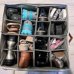 1 Pack Shoe Organizer for Closet, Adjustable Shoe Box Storage Containers, Large Foldable Shoe Bins with Clear Cover, Space Saving Shoes Holder with 4 Handles, Fits 12-24 Pairs, Black