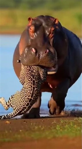 Hippo Bites Jaguar’s Head and Charges