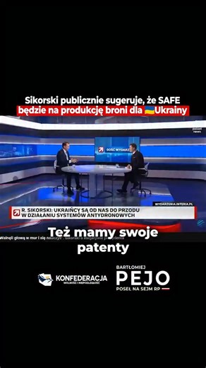 Skoro minister Sikorski przyznaje, że program SAFE może być wykorzystywany do produkcji broni dla Ukrainy, trzeba to jasno powiedzieć: nie ma na to naszej zgody. Środki wynegocjowane dla bezpieczeństwa Polski muszą służyć przede wszystkim Polsce. Bez niedomówień. Bez zmiany zasad w trakcie gry. | Bartłomiej Pejo