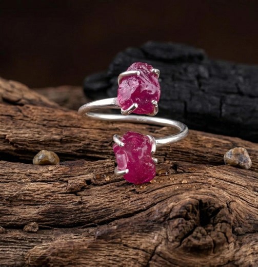 Raw Ruby Two-stone Bypass Ring, Sterling Silver Uncut Gemstone Jewelry - Etsy