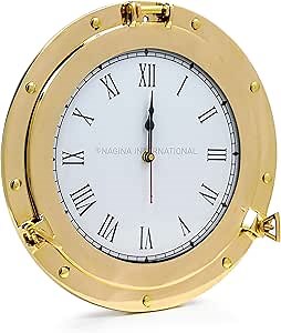 Nagina International Premium Nautical Brass Porthole Clock | Pirate Ship's Elegant Metal Roman Dial Face Wall Clock | Home Decorative Gifts (6 Inches)