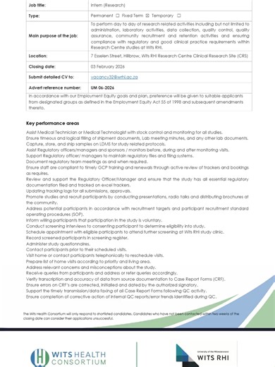 Want to kickstart your career? Applications Open for the Wits Health Consortium Intern (Research) Post Value: Varies Deadline: 3 February 2026 Link: https://library.witshealth.co.za/Vacancies/2026/1/26/26356/26356_Vacancy - Intern (Research) - UM 06-2026 - January 2026.pdf Perfect for Students! #Internship #CareerStart #GraduateProgram #WorkExperience #Apply #Internship2026 #fyppppppppppppppppppppppp #greenscreen #ZA #learnership #fyp #unemployed