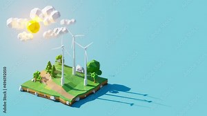 Ecologic earth land simulation low polygon model with windmill 3d animation rendering.Clean natural fresh air conceptual. Stock Video