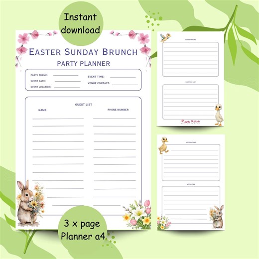 Easter Sunday Party Planner | Printable Organiser | 3 Page PDF | Instant Download | A4 | Non-editable | - Etsy