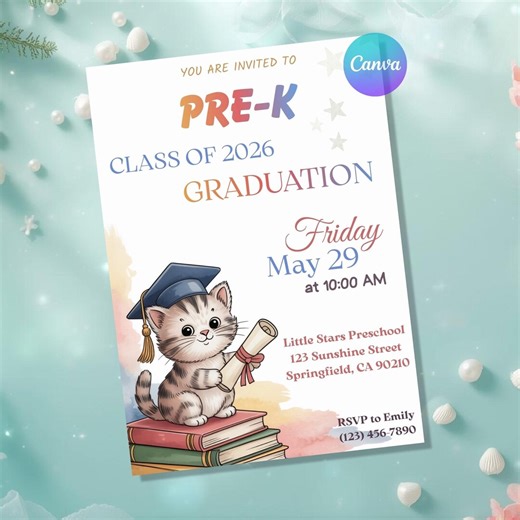 Pre-k Graduation Invitation Template Kitten Party Editable Canva Invite - Etsy